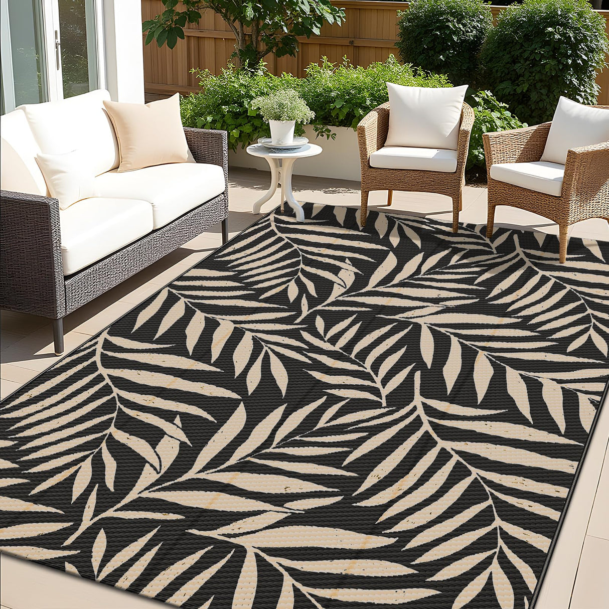 OLANLY Waterproof Outdoor Rug 5x8 ft, Reversible Outdoor Plastic Straw Rug with Leaf Pattern, RV Mat, Indoor Outdoor Carpet for Patio, Camping, Balcony, Deck, Backyard, Black & Beige OLANLY