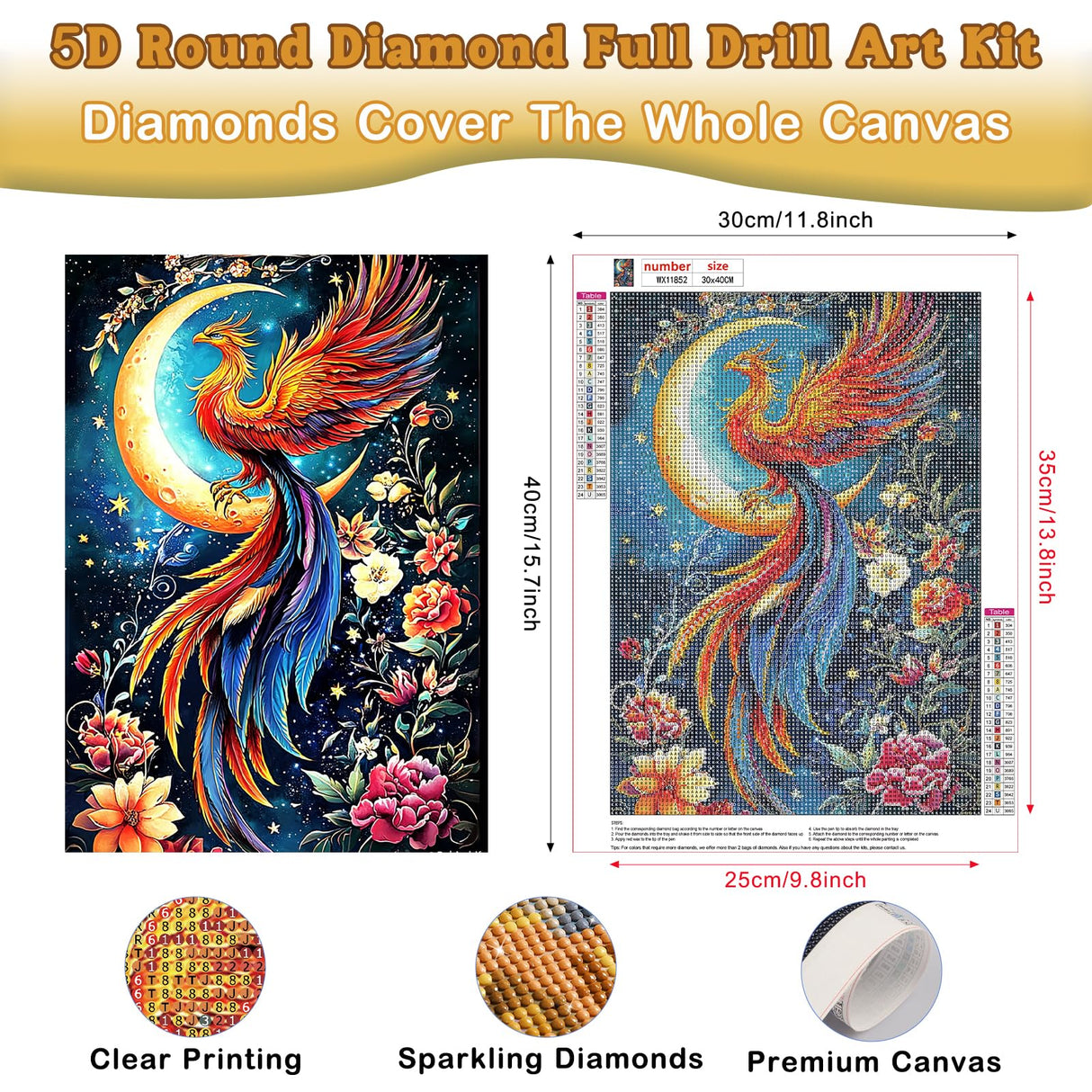 Genius maker Phoenix Diamond Painting Kits for Adults, 5D Moon Diamond Art Kits for Beginners DIY Full Drill Diamonds Painting Pictures, Diamond Gem Art Painting DIY Crafts Kit Decor 12x16inch Genius maker