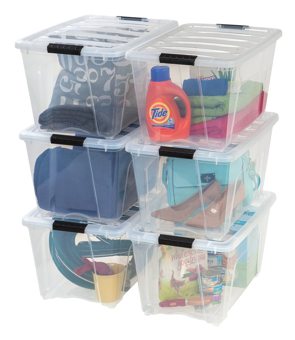 IRIS USA 54 Qt Stackable Plastic Storage Bins with Lids, 6 Pack - BPA-Free, Made in USA - See-Through Organizing Solution, Latches, Durable Nestable Containers, Secure Pull Handle - Clear Iris Ohyama