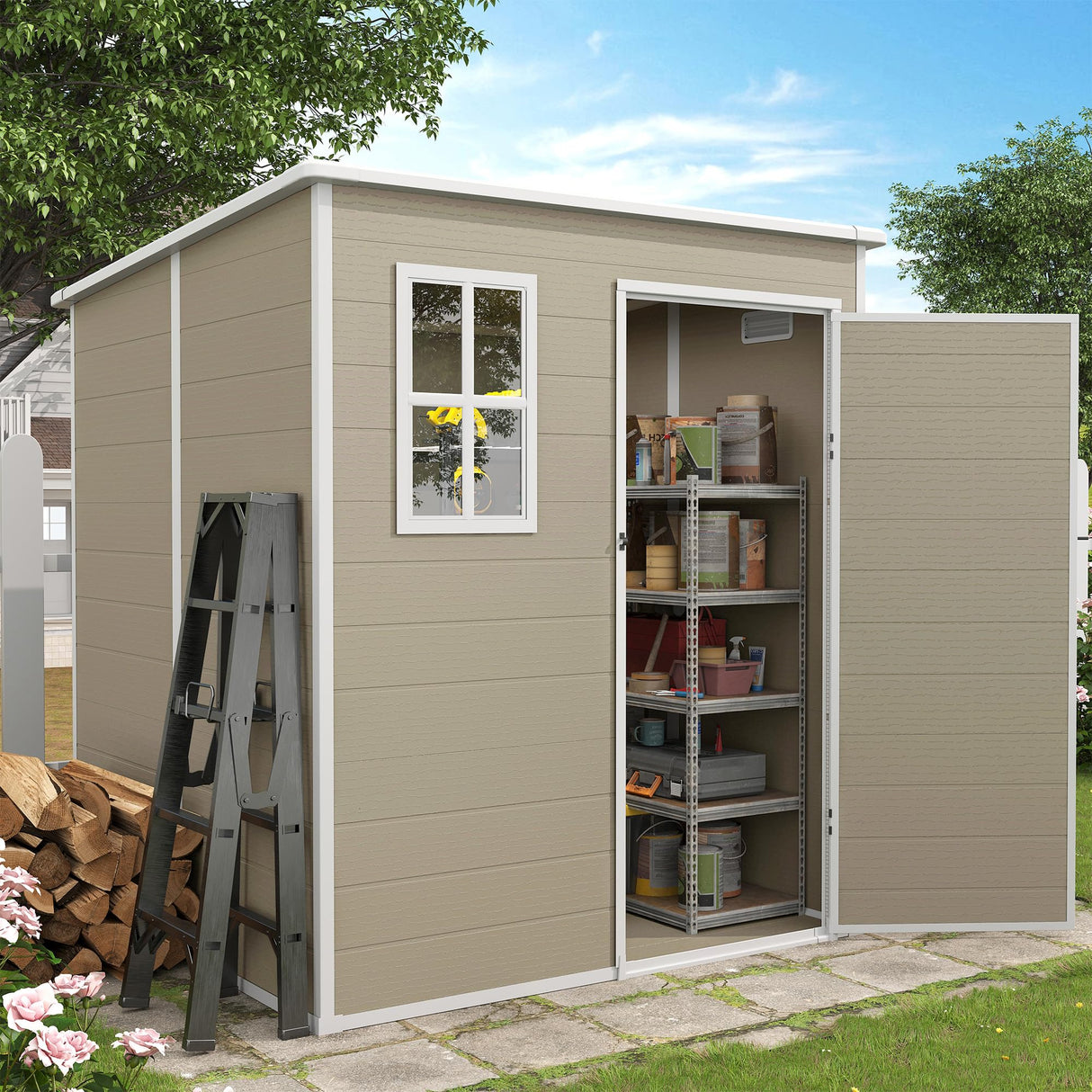 VONZOY Outdoor Storage Shed, 6x6 FT Resin Shed with Floor and Lockable Door, Window & Vents, Tool Sheds & Outdoor Storage for Bike, Garden Accessories, Tools, Waterproof (Light Brown) VONZOY