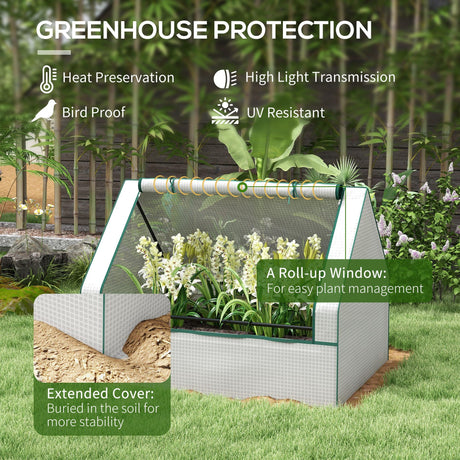 Outsunny 4 x 3 x 1ft Raised Garden Bed with Mini Greenhouse, Galvanized Outdoor Planter Box with Cover, for Herbs and Vegetables, Use for Patio, Garden, Balcony, White Cover and Brown Planter Outsunny