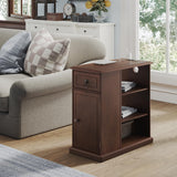 ChooChoo Farmhouse XXL End Table with Charging Station，Narrow Sofa Side Table with Adjustale Shelf, 3 Tier Rustic Night Stand for Small Place Living Room, Cherry Brown ChooChoo