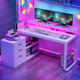 DWVO L Shaped Desk with Drawers, 55" Corner Computer Desk with Power Outlets & LED Lights, Home Office Desk with File Cabinet, White DWVO