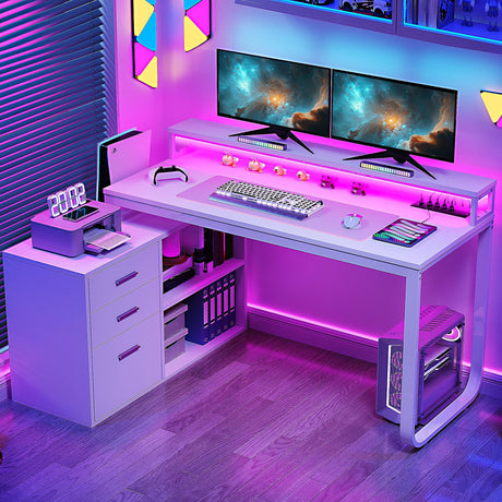 DWVO L Shaped Desk with Drawers, 55" Corner Computer Desk with Power Outlets & LED Lights, Home Office Desk with File Cabinet, White DWVO