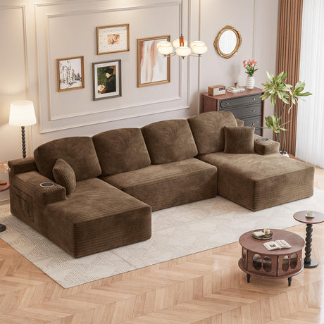 Homall 142" Boneless Couch, Modular Sectional Sofa, No Assembly Required, Memory Foam Filling, Corduroy U-Shaped Sofa, Movable Multi-Person Couch for Living Room (Brown) Homall