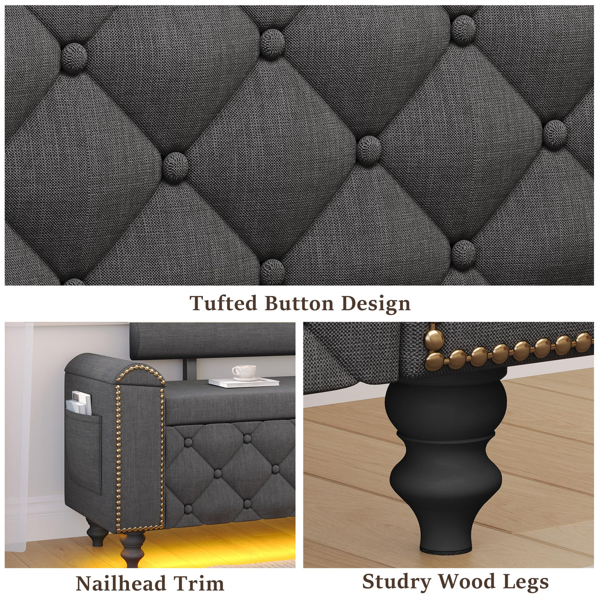 BYSAUD 51" Ottoman with Storage, Storage Ottoman Bench with LED Lights, End of Bed Bench with Upholstered Backrest & Curved Arm, Entryway Bench with Tufted Button for Bedroom Living Room, Dark Gray BYSAUD