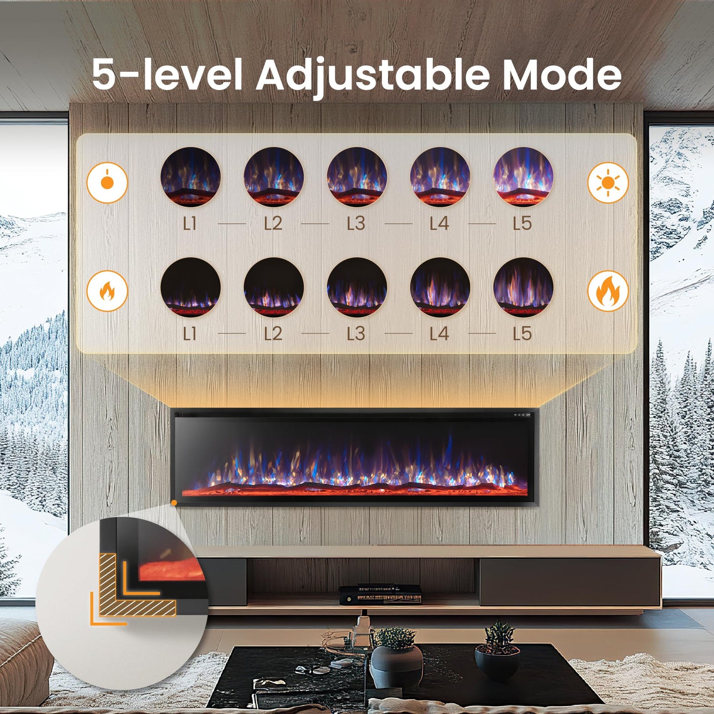 PHI VILLA 72" Electric Fireplace Wall Mounted, Recessed Wall Fireplace Electric with Crystal, Fake Charcoal & Firewood Bed for Indoor, Remote Control, 750W/1500W, Timer, Ultra-Narrow Bezel