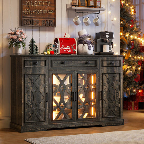 TAGELIER Farmhouse Buffet Cabinet with Storage, 55" Sideboard with Doors & Shelves, Coffee Bar & Pantry Cabinet with Light, Wooden Buffet Table for Kitchen, Dining Room (Rustic Brown) TAGELIER