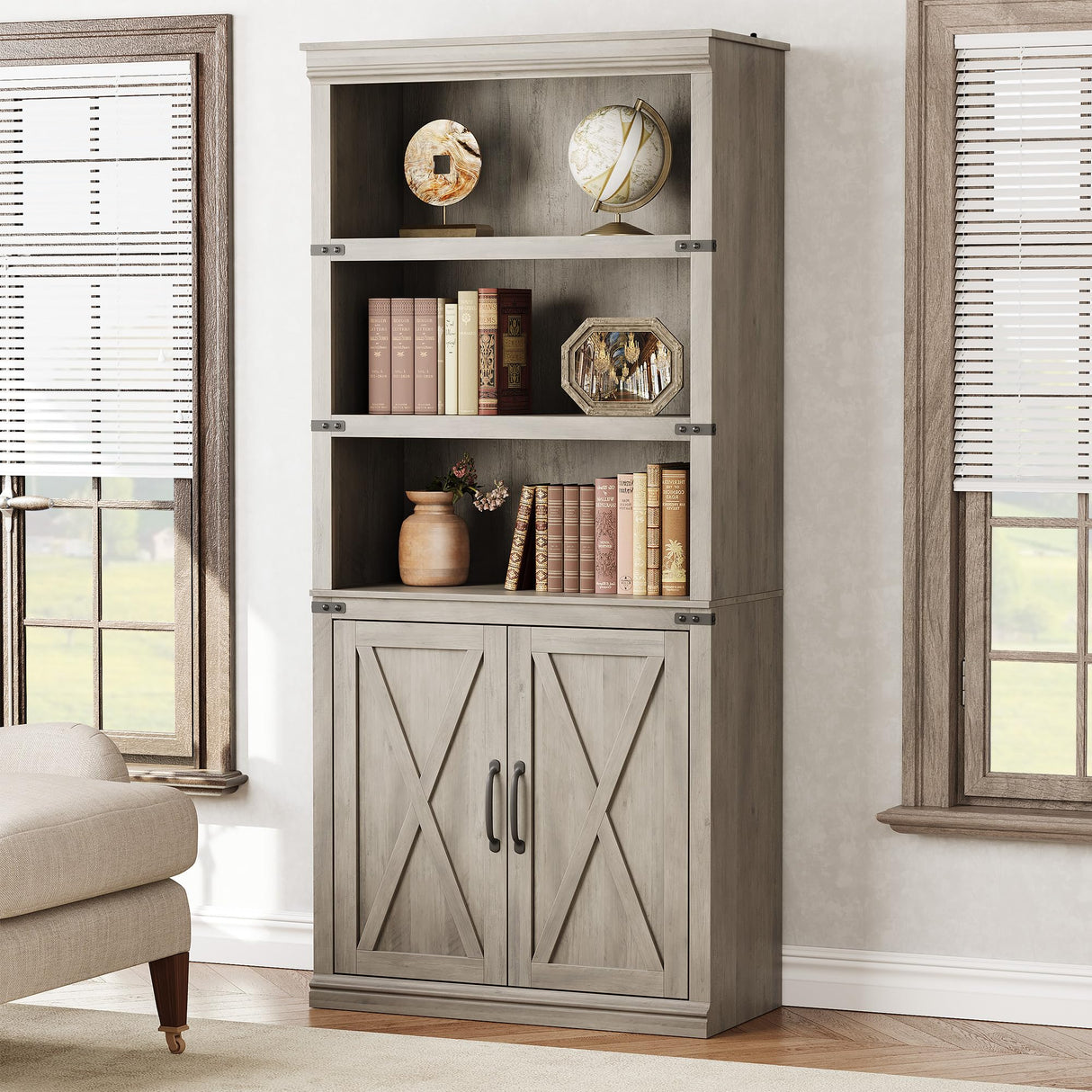 GarveeHome 5 Tier Book case with Cabinet, Farmhouse Book Shelf with Storage Doors, 68.7 in Tall Wooden 5 Shelf Case for Home Office, Living Room, Bed Room-(Grey, 68.7 in H x 31.5 in W x 12.9 in D) GarveeHome