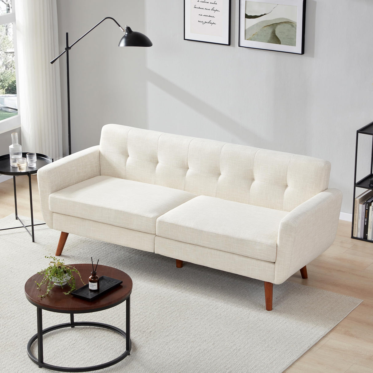 Tbfit 78" W Linen Sofa Couch, Mid Century Modern Decor Loveseat Couches for Living Room, Button Tufted Upholstered Small Couch for Bedroom, Solid, and Easy to Install Love Seats Furniture, Beige Tbfit