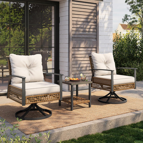 LAUSAINT HOME 3 Pieces Outdoor Swivel Rocker Patio Chairs, Wicker Patio Bistro Set with 2 Rocking Chairs and 1 Coffee Table, Patio Furniture Set with Thickened Cushions for Porch, Backyard (Beige) LAUSAINT HOME