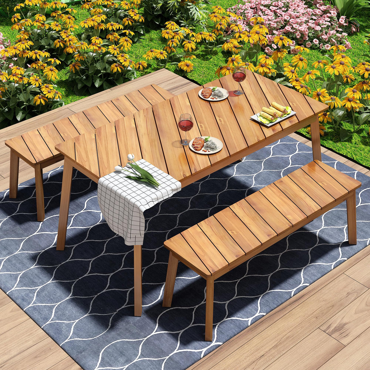 LUMISOL 3 Pieces Outdoor Dining Table Set, Acacia Wood Dining Table Set with 2 Benches for 4 Persons, Picnic Beer Table for Patio, Porch, Garden, Poolside, Natural LUMISOL