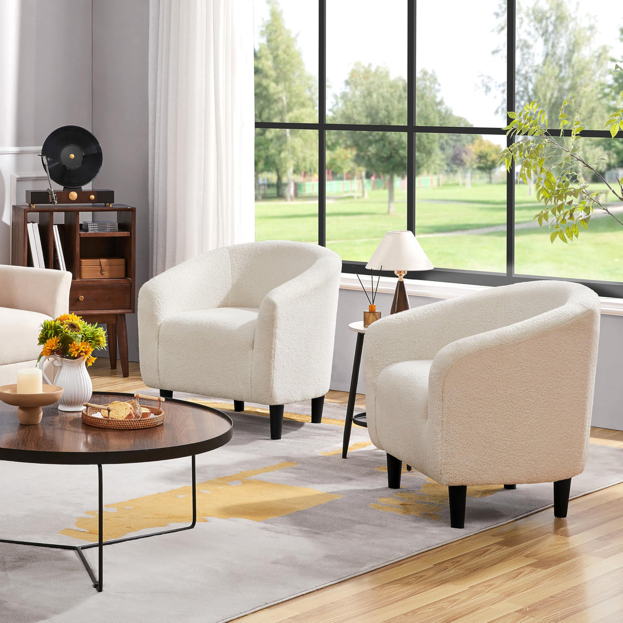 Yaheetech Accent Barrel Chair, Boucle Fabric Club Chair, Furry Sherpa Elegant Armchair with Cozy Soft Padded, Suitable for Living Room Bedroom Reception Room Office, Ivory Yaheetech