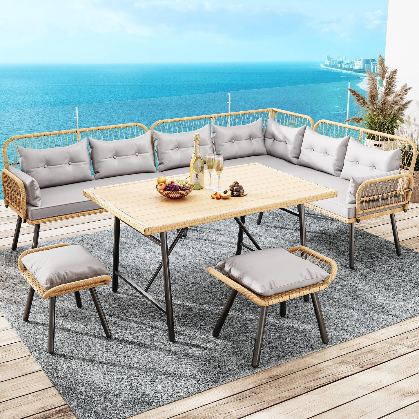 YITAHOME Patio Wicker L-Shaped Furniture Set, All-Weather Rattan Outdoor Conversation Sofa Set for Backyard Deck with Soft Cushions,Ottomans and Plastic Wood Dining Table (Light Brown+Gray) - WoodArtSupply