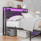 HOJINLINERO Full Size Bed Frame with Storage Headboard/LED Lights,Metal Bed Frame Full Size with Charging Station,Platform Bed Frame Full Size No Box Spring Needed,Heavy Duty Metal Slats Support,Black HOJINLINERO