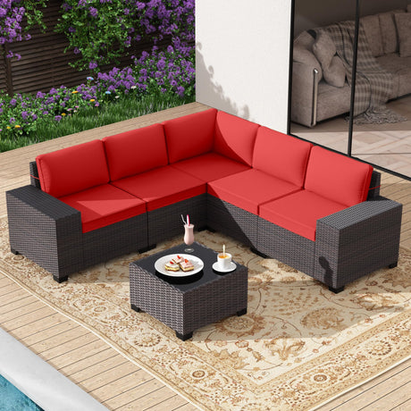 Gotland 6 Pieces Patio Furniture Set with 1 Coffee Table, 5 Seater Rattan Outdoor Sectional with Wide Armrests 29.5'' High Backrest Thick Waterproof Cushions, Conversation Sets for Deck Garden Red Gotland