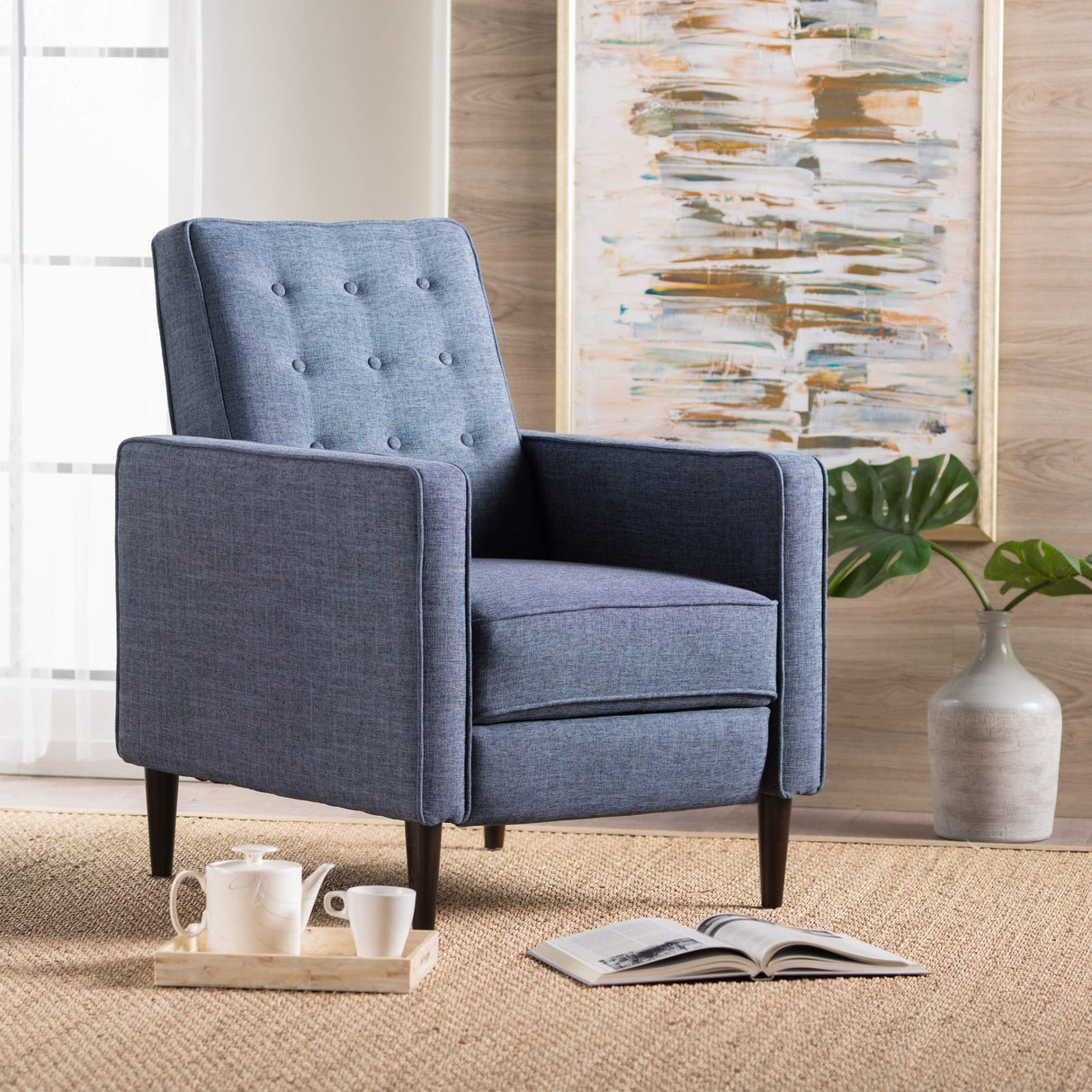 Christopher Knight Home Mervynn Mid-Century Modern Fabric Recliner, Dark Blue GDFStudio