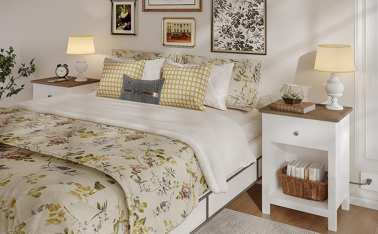 ChooChoo Farmhouse Nightstand Set of 2,Night Stand with Charging Station, Wooden Top Bedside End Table with Drawer and Storage Space for Bedroom, White ChooChoo