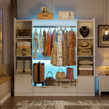 PAKASEPT Wardrobe Closet, 64.9" Freestanding Armoire System with 6 Display Storage Cabinet & Hanging Rods & 2 Wood Drawers, Cloth Garment Rack with Multi Color Light, Walk-in Closet, White PAKASEPT