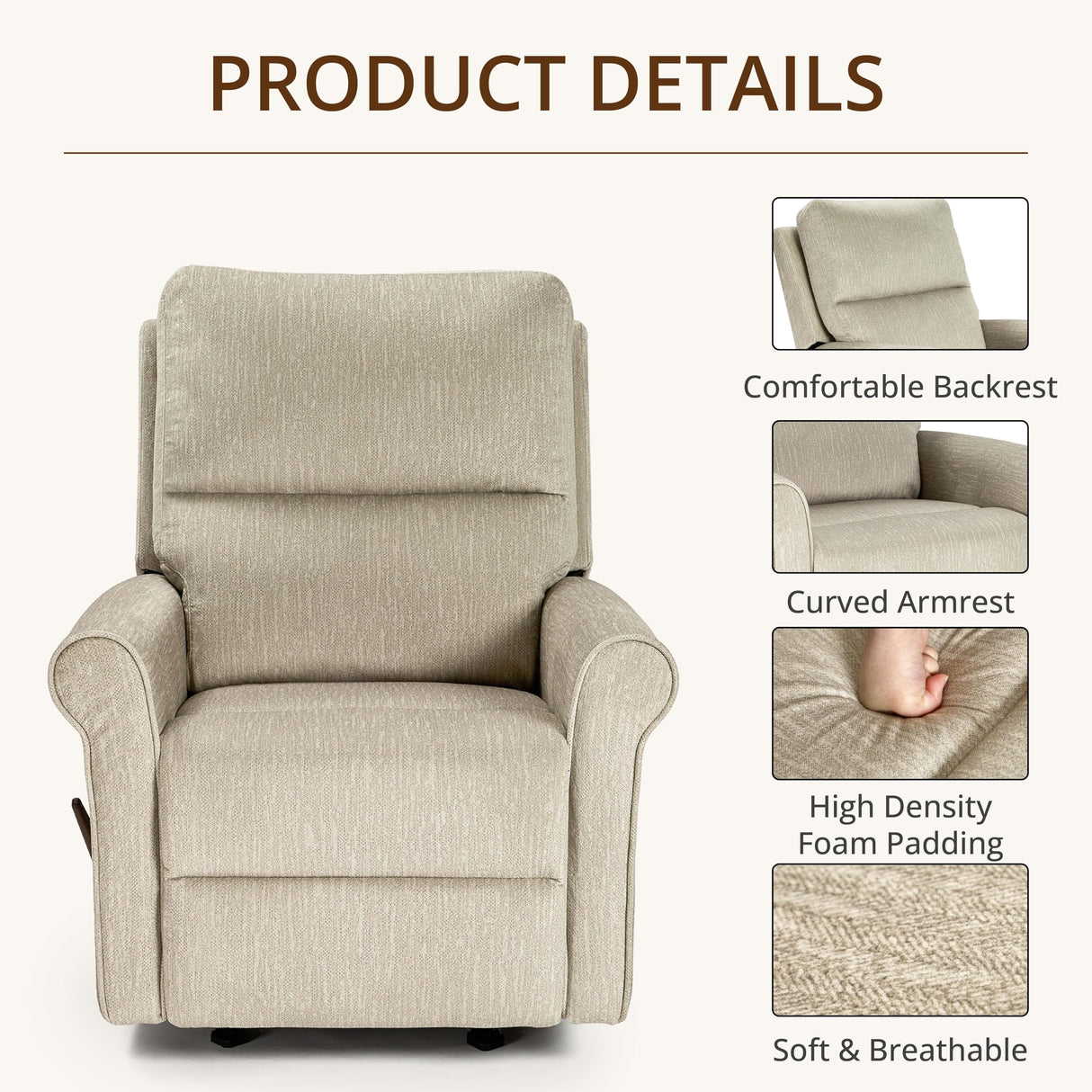 zzlay Rocker Recliner Chair, Nursery Glider Recliner with High Back&Deep Seat, Manual Push Back Rocking Fabric Armchair with Overstuffed Backrest and Armrests for Living Room, Medium, Warm Oat zzlay