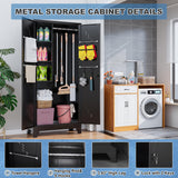 YILFANA Metal Storage Cabinet with Lockable Doors, 75" Steel Storage Locker Tool Cabinet with Hanging Rod & S-Hooks, Tall Garage Cabinets, Black, 75" H x 33.85" W x 16.53" D YILFANA
