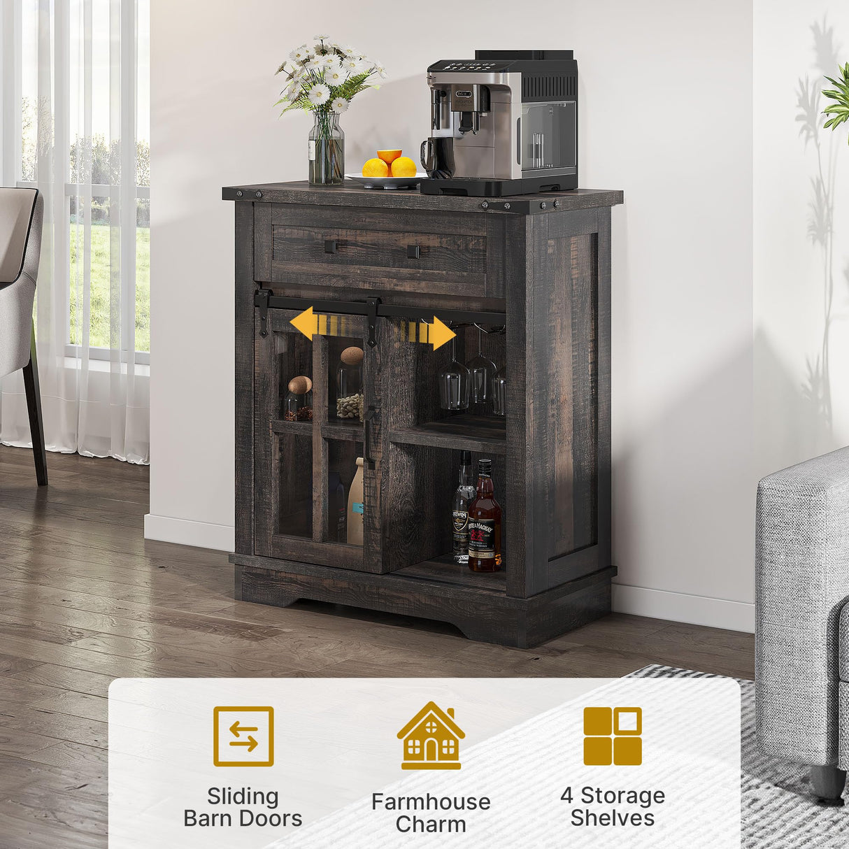 DWVO Farmhouse Coffee Bar Cabinet, 32” Sideboard Buffet Cabinet with Drawer & Adjustable Storage Shelves, Storage Cabinet with Sliding Barn Door for Kitchen and Living Room, Dark Rustic Oak DWVO