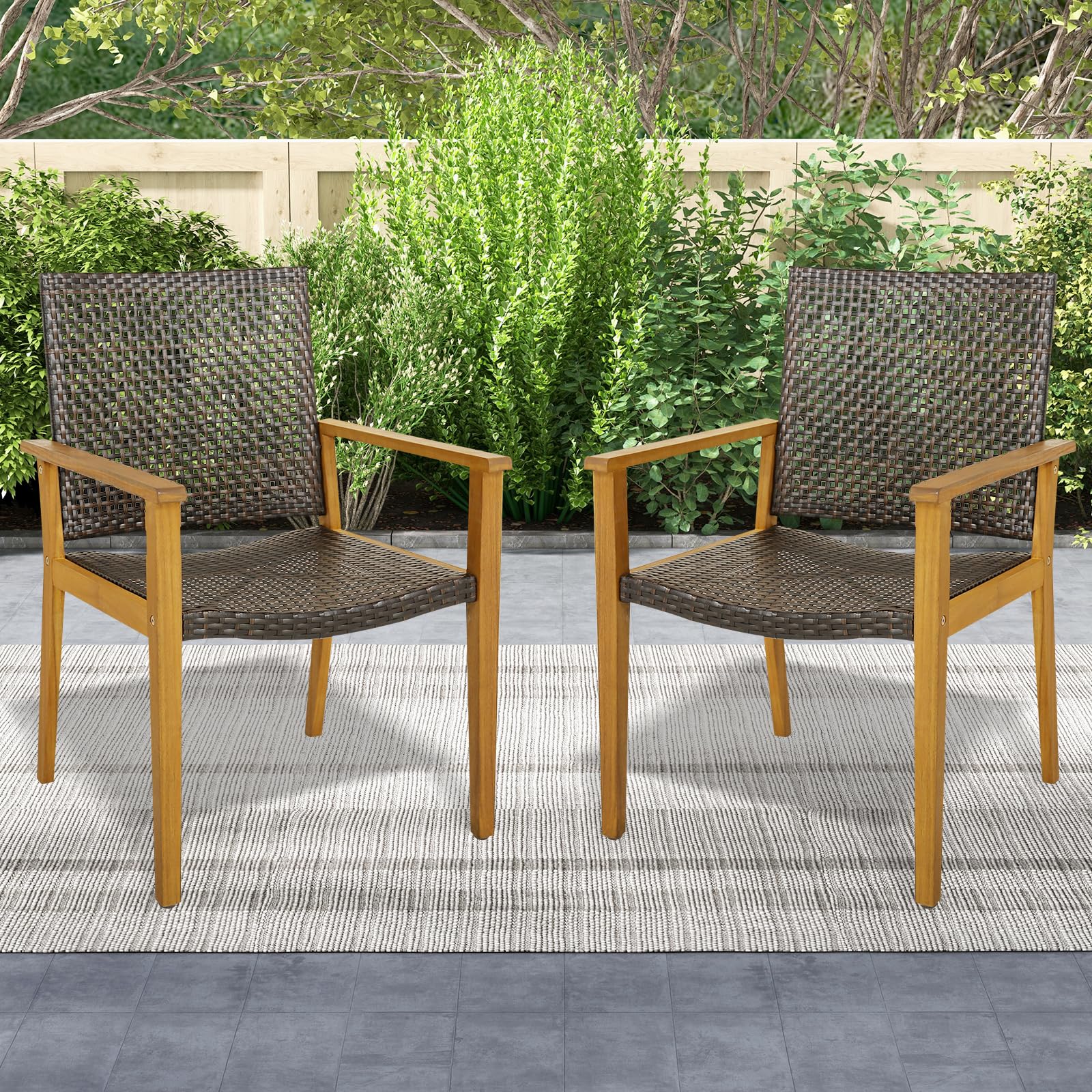 Tangkula Patio Dining Chairs Set of 4, Outdoor Acacia Wood & PE Wicker Chairs with Armrests, Outdoor Rattan Armchairs for Garden, Backyard, Poolside, Balcony (Mix Brown) - WoodArtSupply