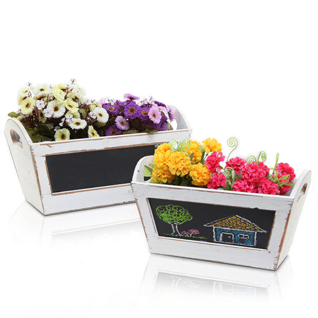 MyGift Vintage White Solid Wood Decorative Storage Boxes with Cut Out Handles, Decoration Box for Crafts, Toys, Toiletries, Small Nesting Organizer Crates with Chalkboard Panel, 2 Piece Set MyGift