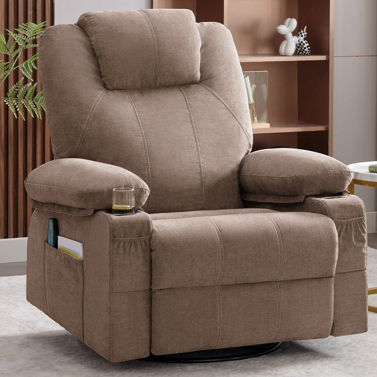 Weture Swivel Rocker Recliner Chair with Heat and Massage, 360 Degree Swivel Rocking Single Sofa with Cup Holders and USB Port, Big Oversized Recliner Chair for Living Room (Fabric, Brown) Weture
