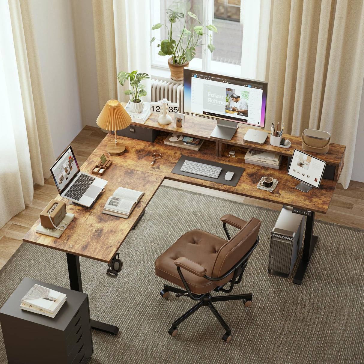 Agilestic L Shaped Electric Standing Desk with 2 Drawers, 63 Inch Ergonomic Adjustable Height Desk with Storage, Corner Desk Sit Stand up Computer Table for Work Office Home, Rustic Brown Agilestic