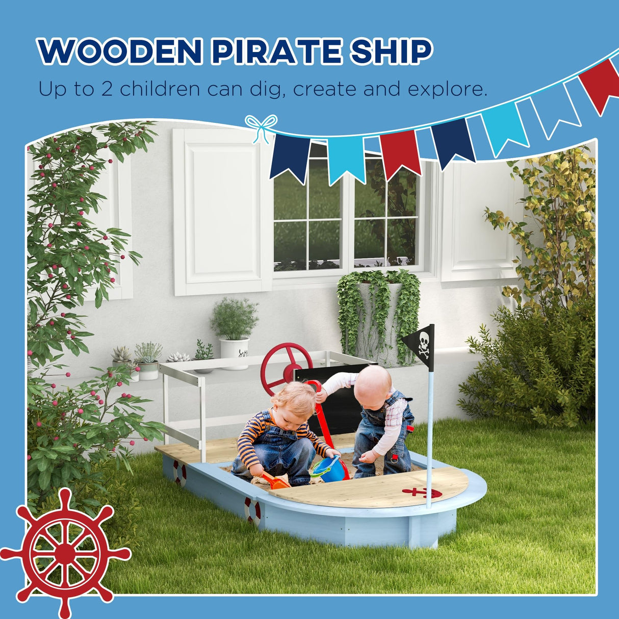 Outsunny Wooden Sandbox, Kids Pirate Ship Outdoor Sandbox with Blackboard, Flag, Rudder, Anchor Sign, Storage Deck, Sand Pit for Toddler 3-7, 68" x 44" x 39", Blue Outsunny