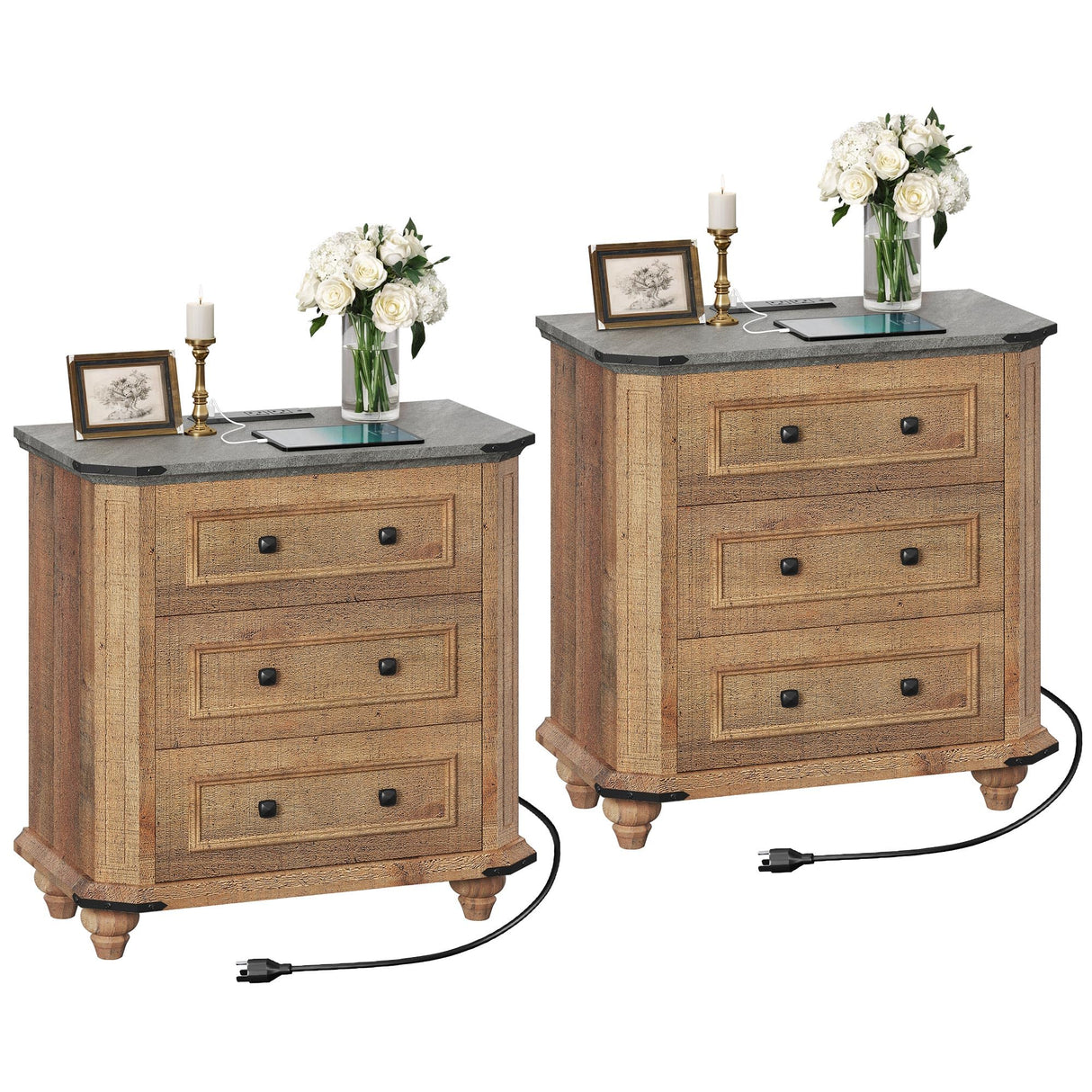 DWVO Nightstand Set of 2 with Charging Station, Farmhouse Bedside Table with 3 Drawers, Wood Night Stand w/Storage, Rustic Bed Side End Table for Bedroom Dorm Small Space, Brown DWVO