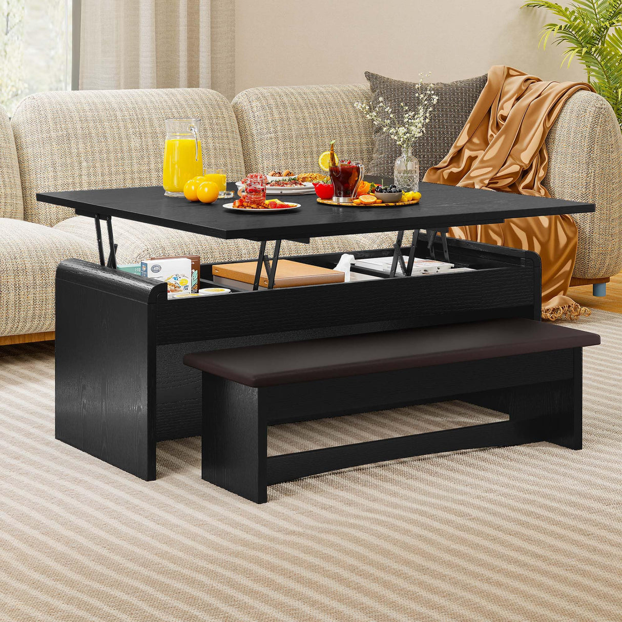 Homiflex Coffee Table Lift Top, 40'' Multi-Function Coffee Table Set with Bench & Hidden Compartment, Center Table w/Curved Corner, Converts to Home Office Table, Dining Table for Living Room, Black Homiflex