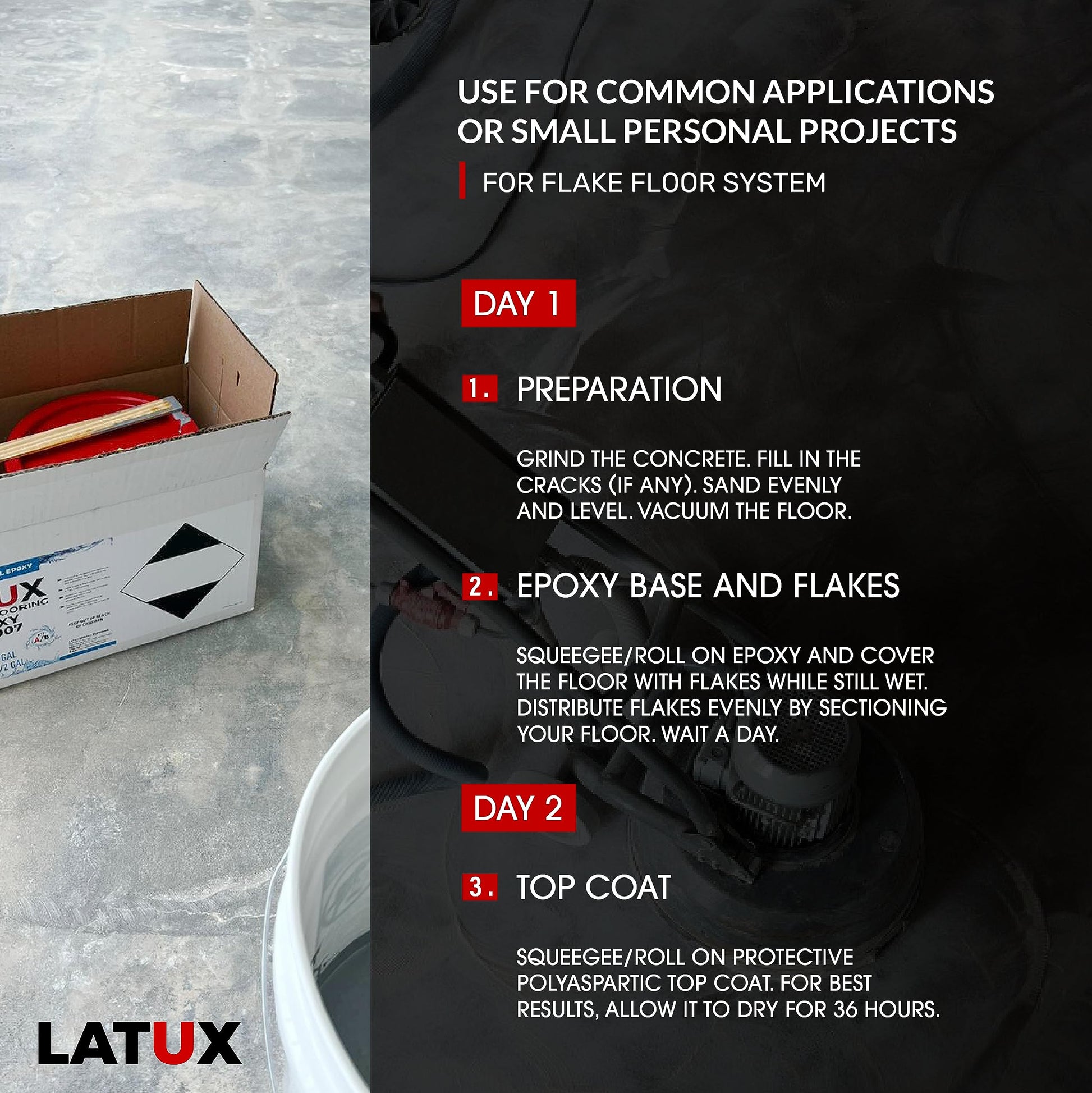 LATUX Flake Floor Epoxy System, Light Grey Pre-Tinted Industrial- and Contractor-Grade Floor Epoxy Kit for Residential and Commercial Use, 3 Gallons, 25 Pounds, Covers 400 Square Feet, Basalt - WoodArtSupply