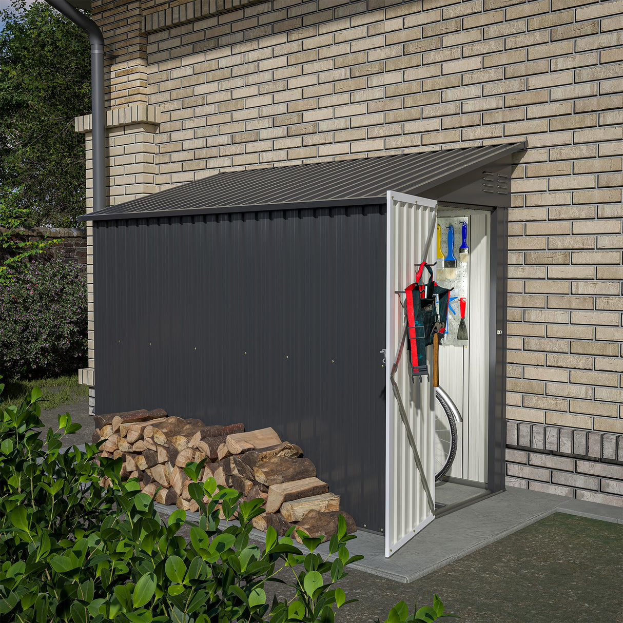 YOPTO 4×8 FT Outdoor Metal Storage Shed,Heavy-Duty Lean to Storage Shed with Floor Base,Garden Tool Metal Storage House W/Lockable Door and 2 Air Vents,Weather Resistant,for Backyard,Patio,Lawn,Black YOPTO