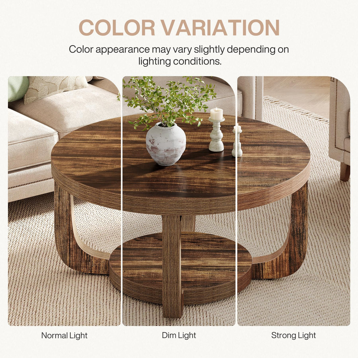 Tribesigns Round Coffee Table, 2-Tier Circle Coffee Table with Storage, Modern Wooden Accent Center Table for Living Room, Thick Tabletop & Base, Dark Brown Tribesigns