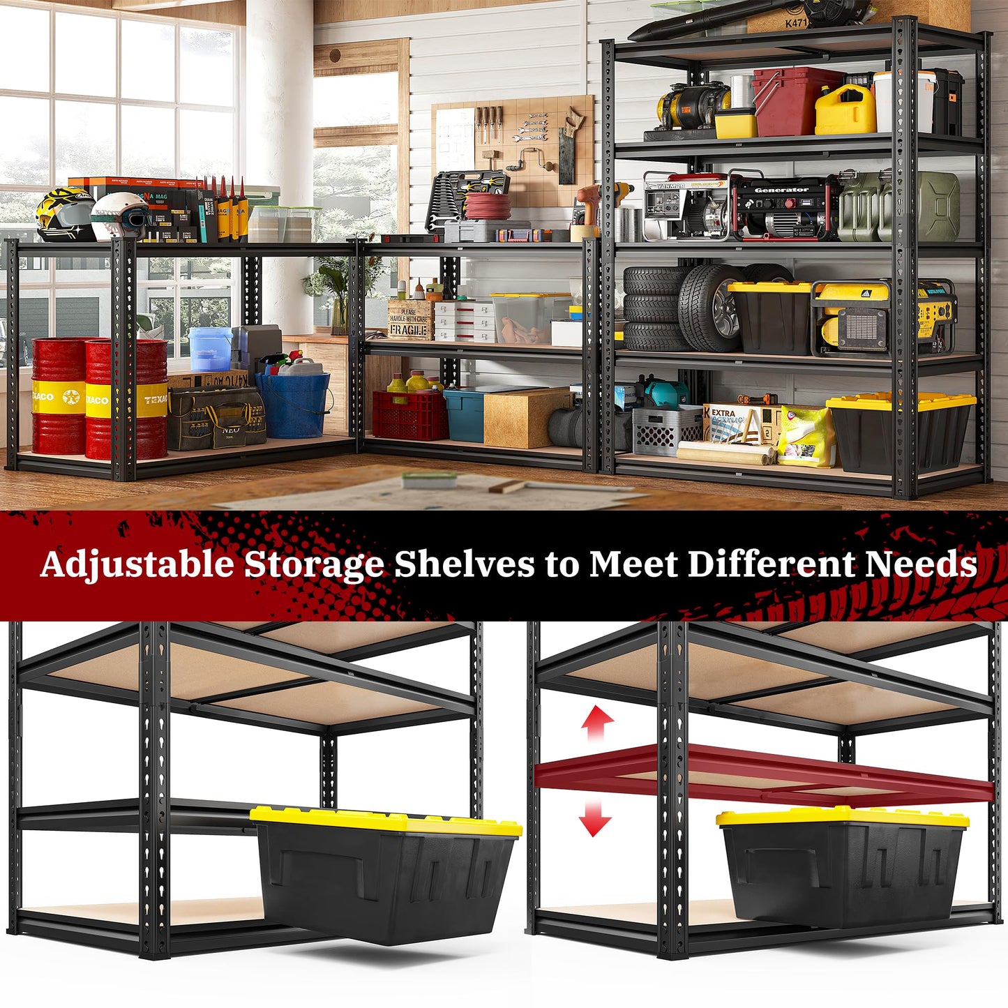 REIBII 72''H Garage Shelving 2500LBS Storage Shelves Heavy Duty Shelving 5 Tier Metal Shelves for Garage Shelves Adjustable Shelving Units and Storage for Closet Pantry Shelf, 72" H x 40" W x 20" D