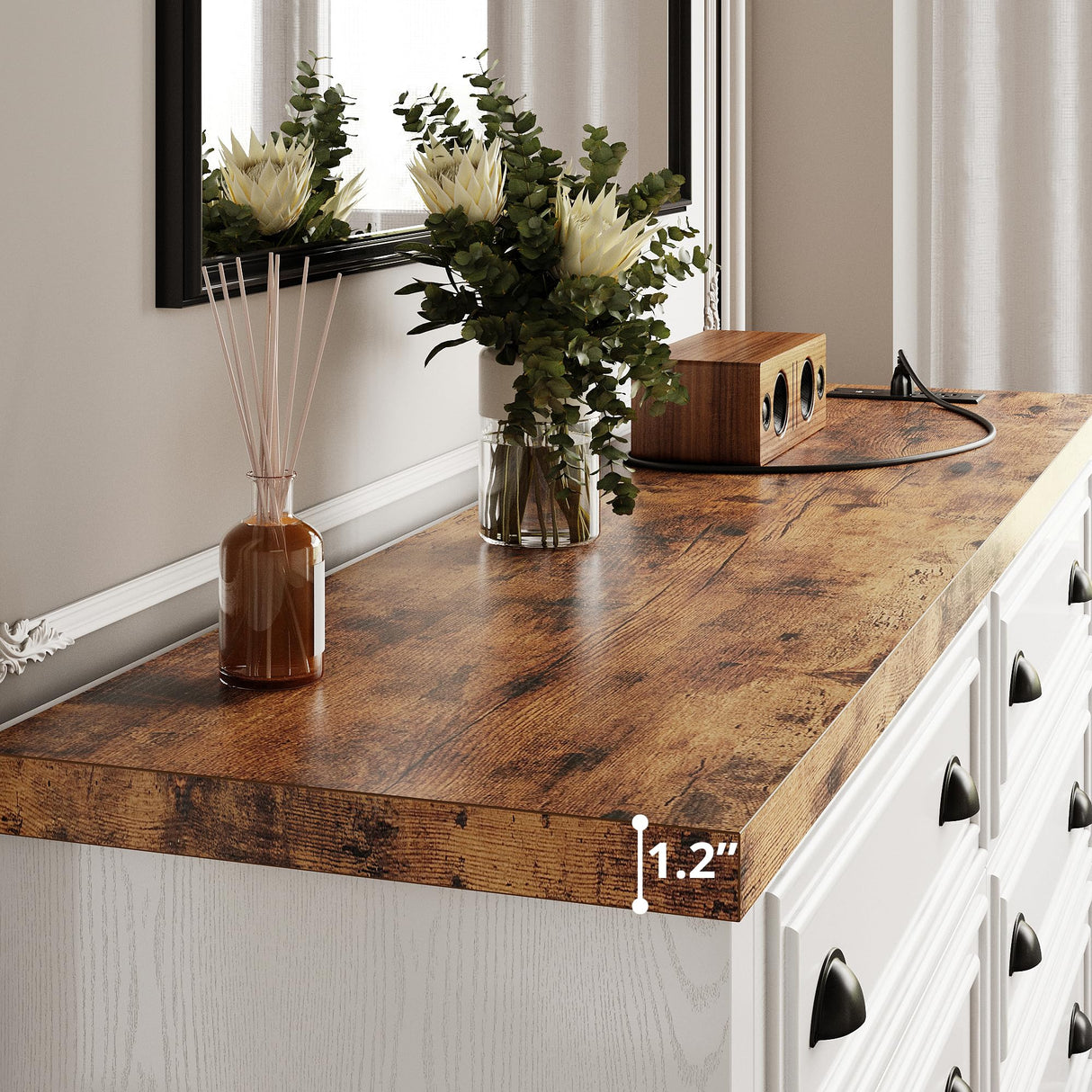 LIKIMIO 59" 6 Drawers Dresser for Bedroom, Power Strip, Farmhouse Large Wood Dressers & Chest of Drawers with Wide Storage Cabinet, Rustic Brown & White LIKIMIO