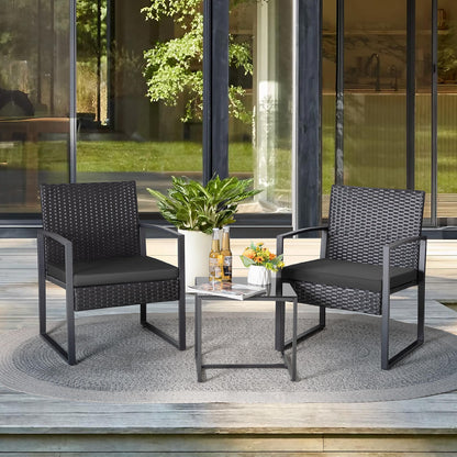 GUNJI Patio Furniture Sets 3 Pieces Outdoor Conversation Set with Coffee Table Patio Wicker Rattan Chairs Set Bistro Sets for Garden, Yard, Lawn, and Balcony (Black)