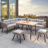 YITAHOME Patio Wicker L-Shaped Furniture Set, All-Weather Rattan Outdoor Conversation Sofa Set for Backyard Deck with Soft Cushions,Ottomans and Wood-Like Dining Table, Light Brown+Gray YITAHOME