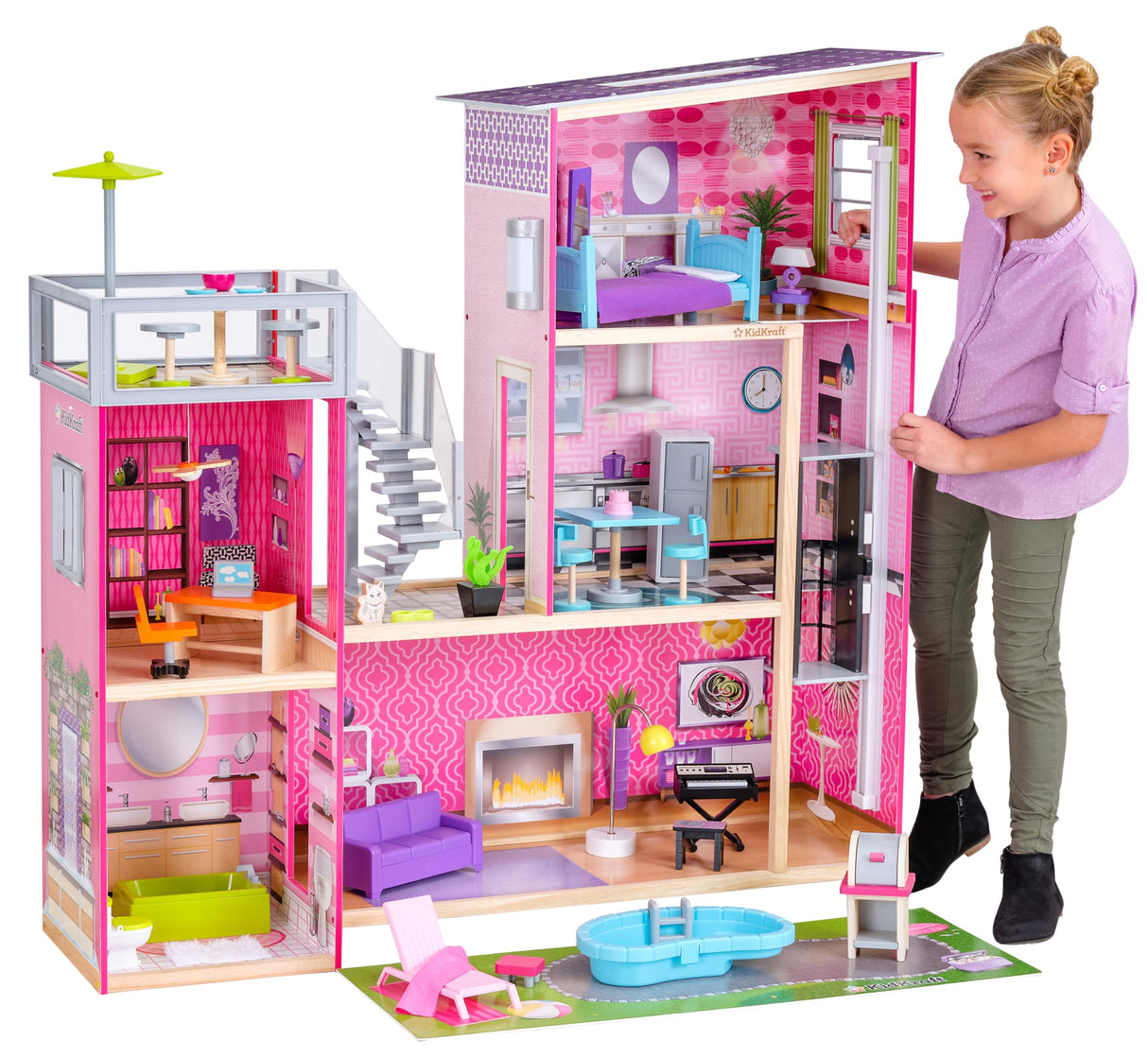 KidKraft Uptown Wooden Modern Dollhouse with Lights & Sounds, Pool and 36 Accessories KidKraft