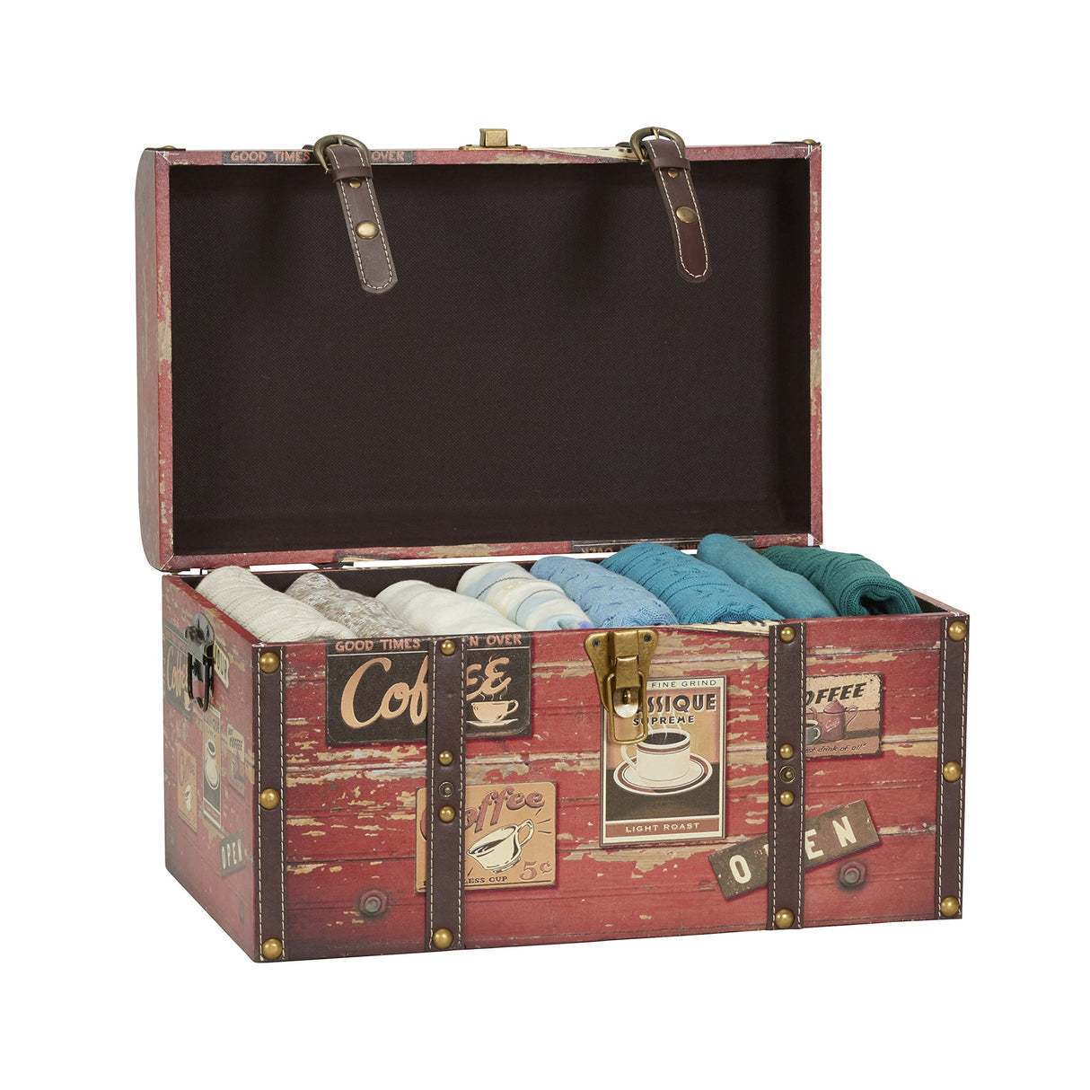 Household Essentials Medium Decorative Trunk, Coffee Shop Faux Decoupage, Antique Exterior, Leather and Metal Accents, Fabric Interior, Hinged Lid, Brown Household Essentials