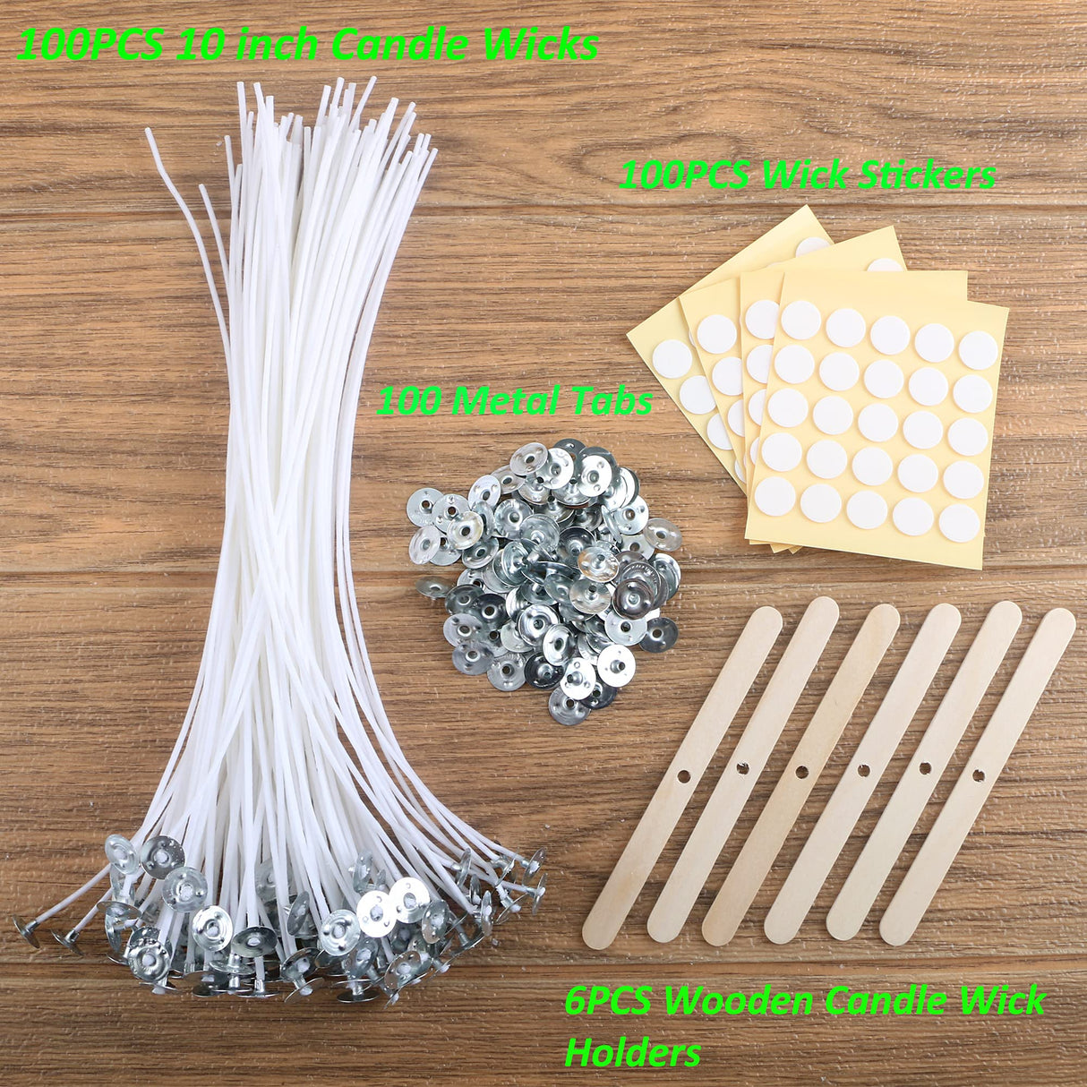 MILIVIXAY 100PCS 10 inch Candle Wicks with 100 Metal Tabs, 100PCS Candle Wick Stickers and 6PCS Wooden Candle Wick Holders - Wicks Coated with Paraffin Wax, Cotton Wicks Kits for Candle Making. MILIVIXAY