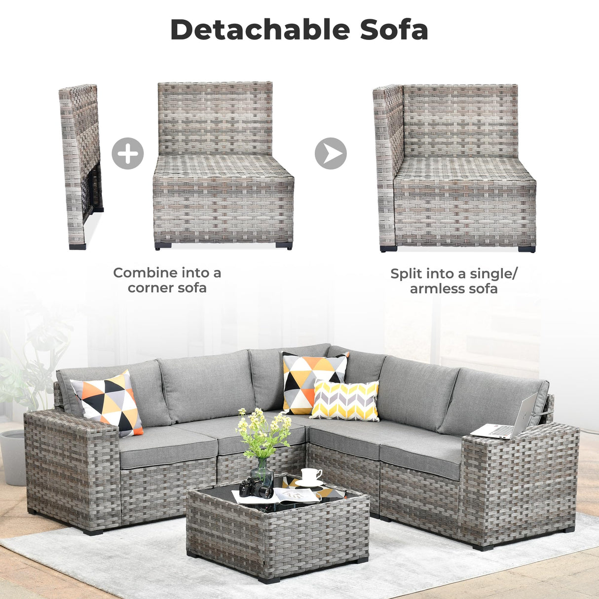 ovios 6 Pieces Patio Furniture Set, Outdoor Wicker Sectional Sofa with Coffee Table Comfy Cushions, Modern Modular Deep Seat Rattan Couch Conversation Set, Dark Grey ovios