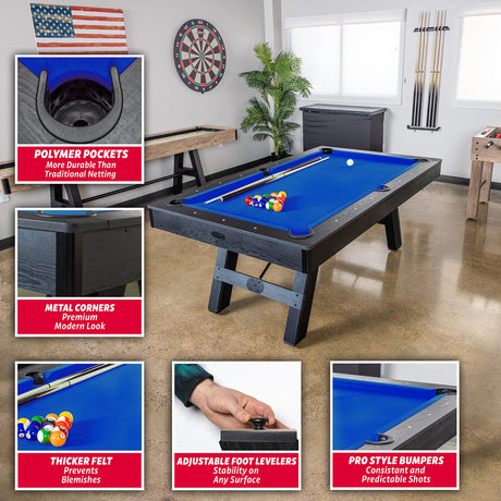 GoSports 7 ft Pool Table with Wood Finish - Modern Billiards Table with 2 Cue Sticks, Balls, Rack, Felt Brush and Chalk - Choose Your Style GoSports