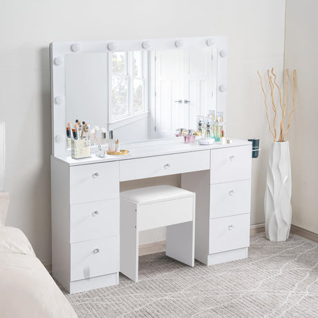 Naomi Home Vera Makeup Vanity with 11 Lights, Vanity Desk with Power Outlet, Makeup Vanity Table with 7 Drawers, Large Mirror, Dressing Vanity Table for Bedroom - White, with Stool Naomi Home