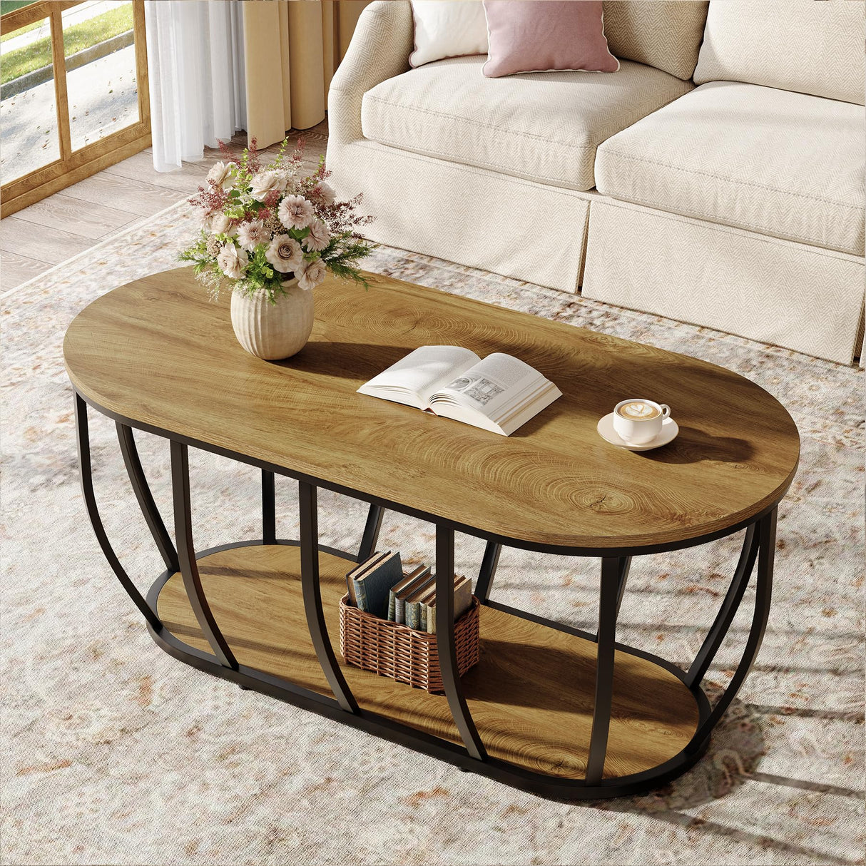 Tribesigns Oval Industrial Coffee Table with 2-Tier Storage, 47.2" Modern Wooden Center Cocktail Table with Curved Metal Base for Living Room, Home Office, Easy Assembly, Rustic Brown Tribesigns