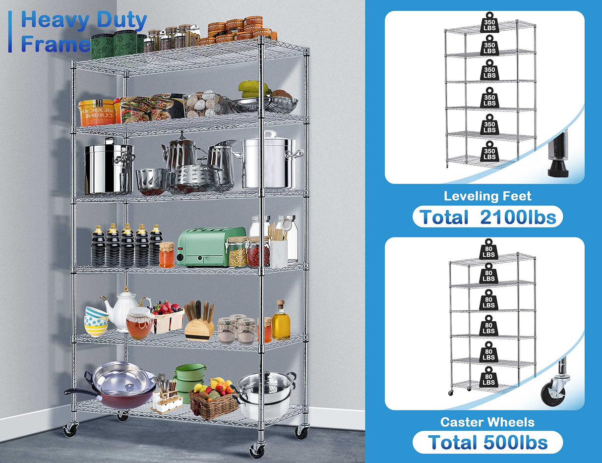6 Tier Metal Shelving, 18" D x 48" W x 82" H Storage Rack, Wire Shelf, Height Adjustable, Wire Rack Shelving, Maximum Load Bearing 2100lbs, Metal Storage Shelves for Kitchen Garage Warehouse, Chrome MKDLUFEI