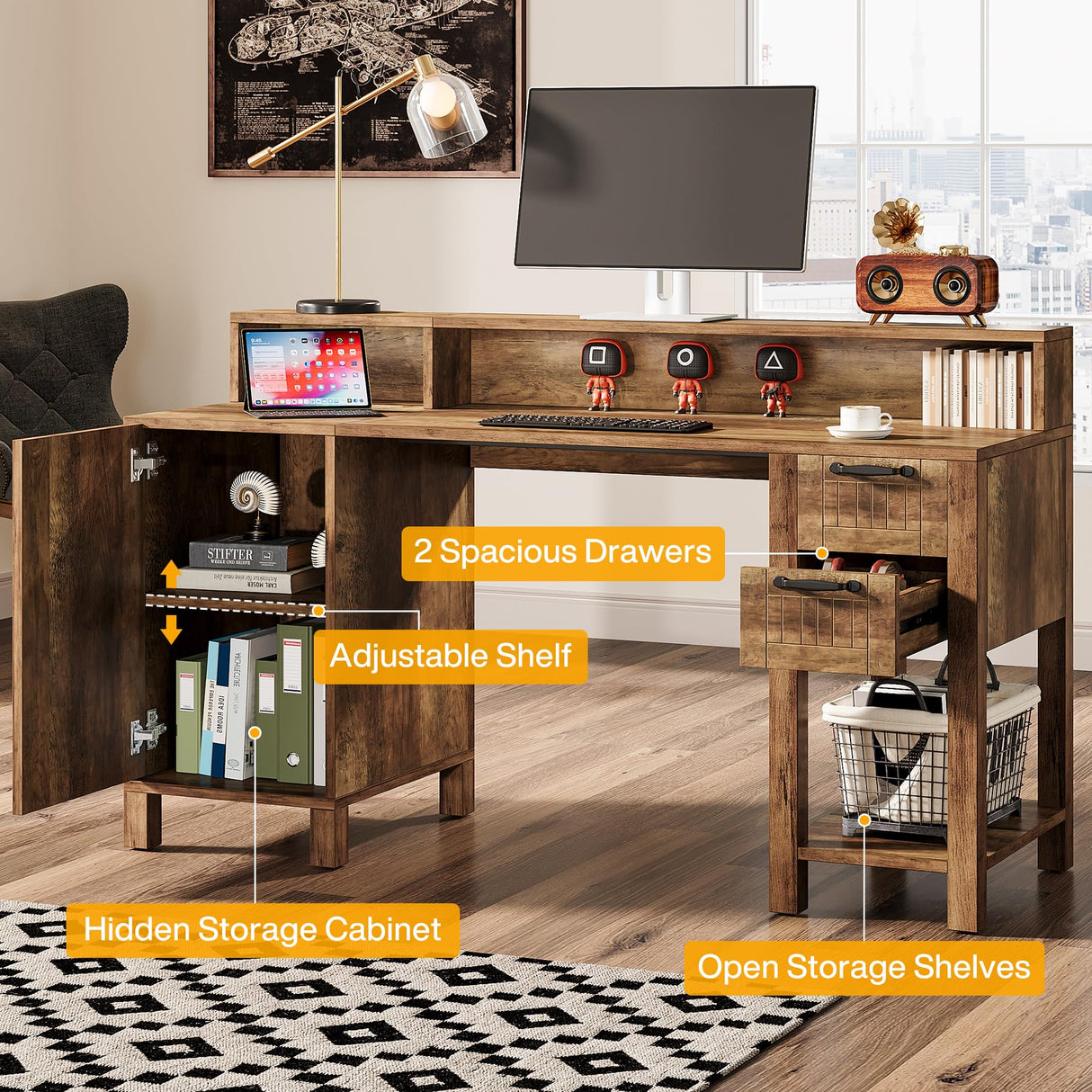 Tribesigns 55" Wood Executive Desk, Farmhouse Computer Desk with Drawers and Cabinet, Rustic Office Desk with Hutch and Storage Shelves, Large Study Writing Table for Home Office, Brown Tribesigns