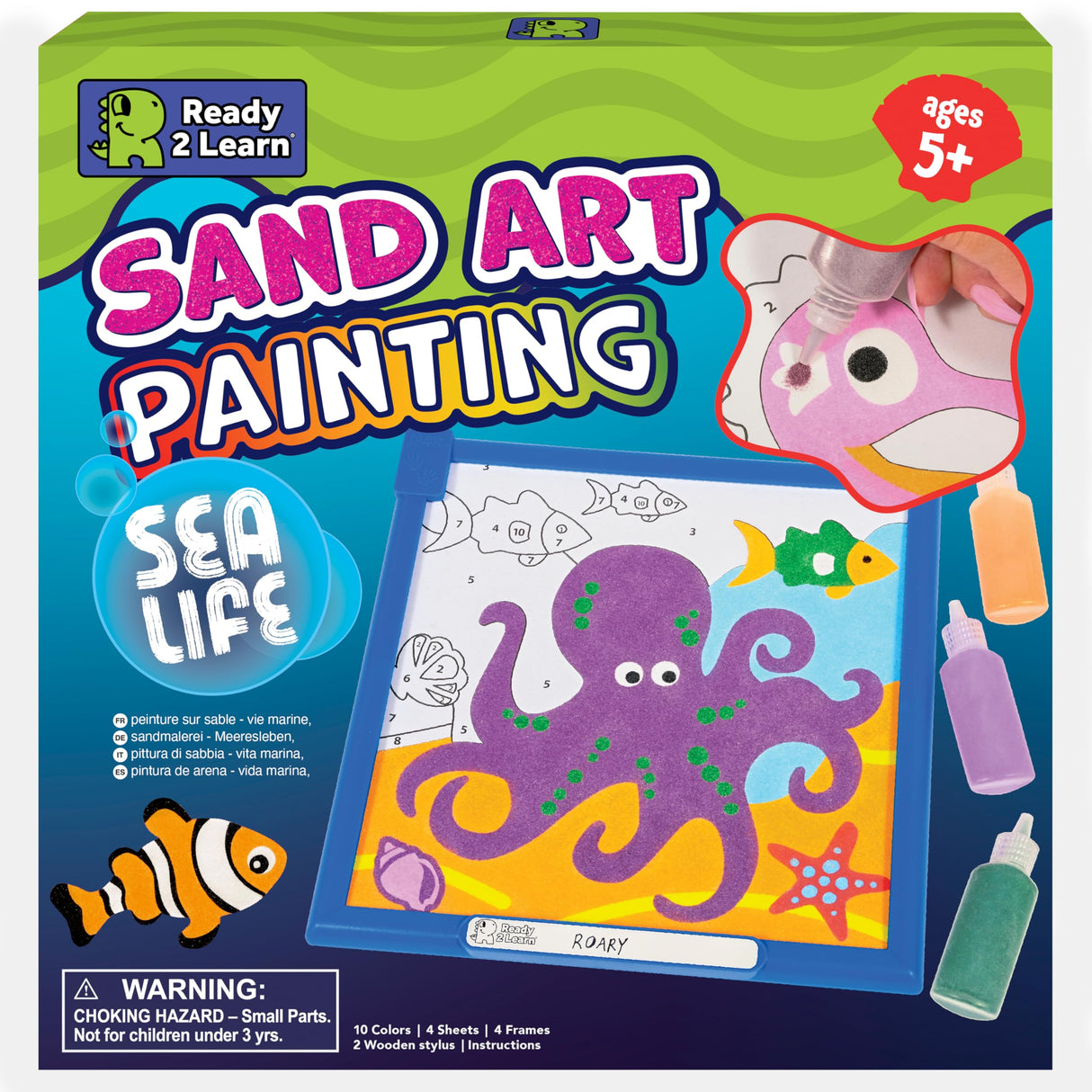 READY 2 LEARN Sand Art Gallery - Color by Number - Sea Life - Sand Art Kit for Kids - 10 Bright Colors - 4 Design Sheets with Frames - 2 Styluses READY 2 LEARN